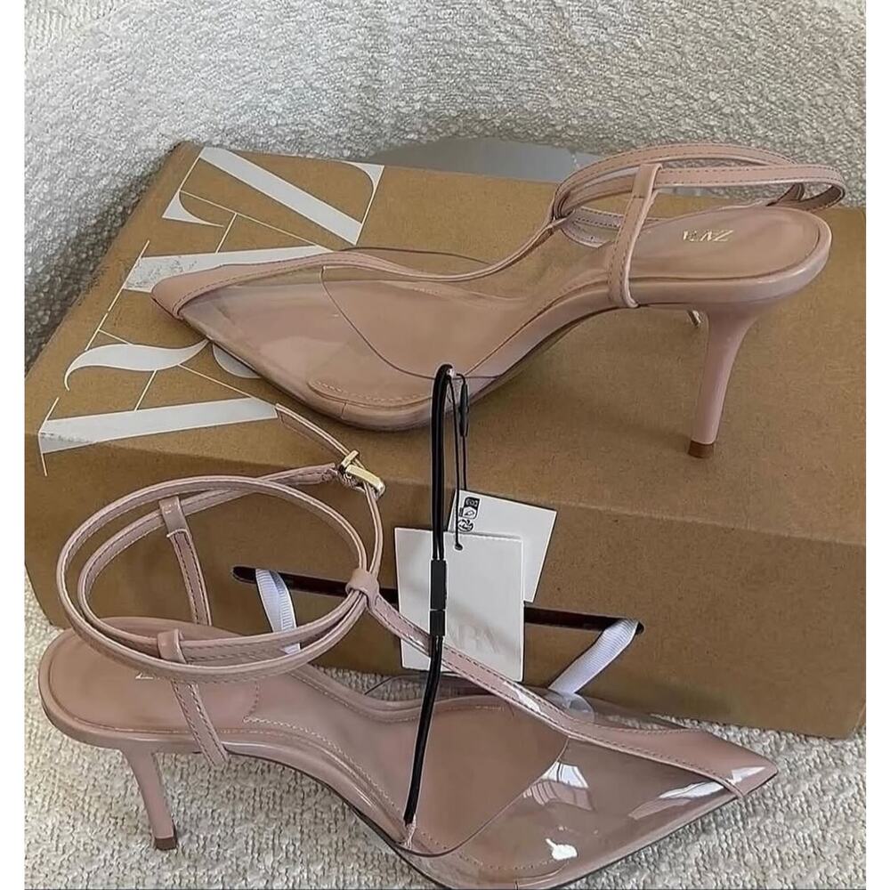 Zara NWT Beige Clear Vinyl Slingback Pointed Toe Heels 7.5 8 - Picture 10 of 16